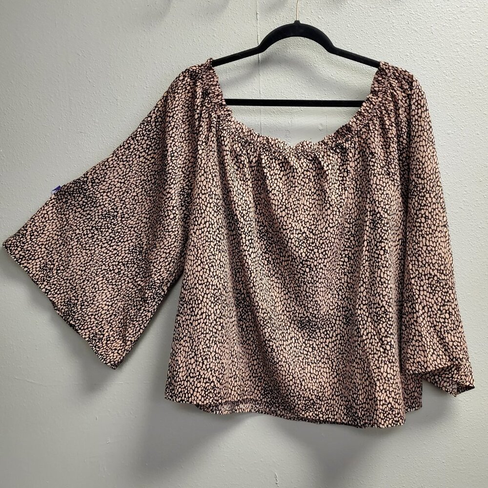 Cozy Co. Blouse Womens 1X Black Beige Animal Print Flowy Bell Sleeve Top 1X